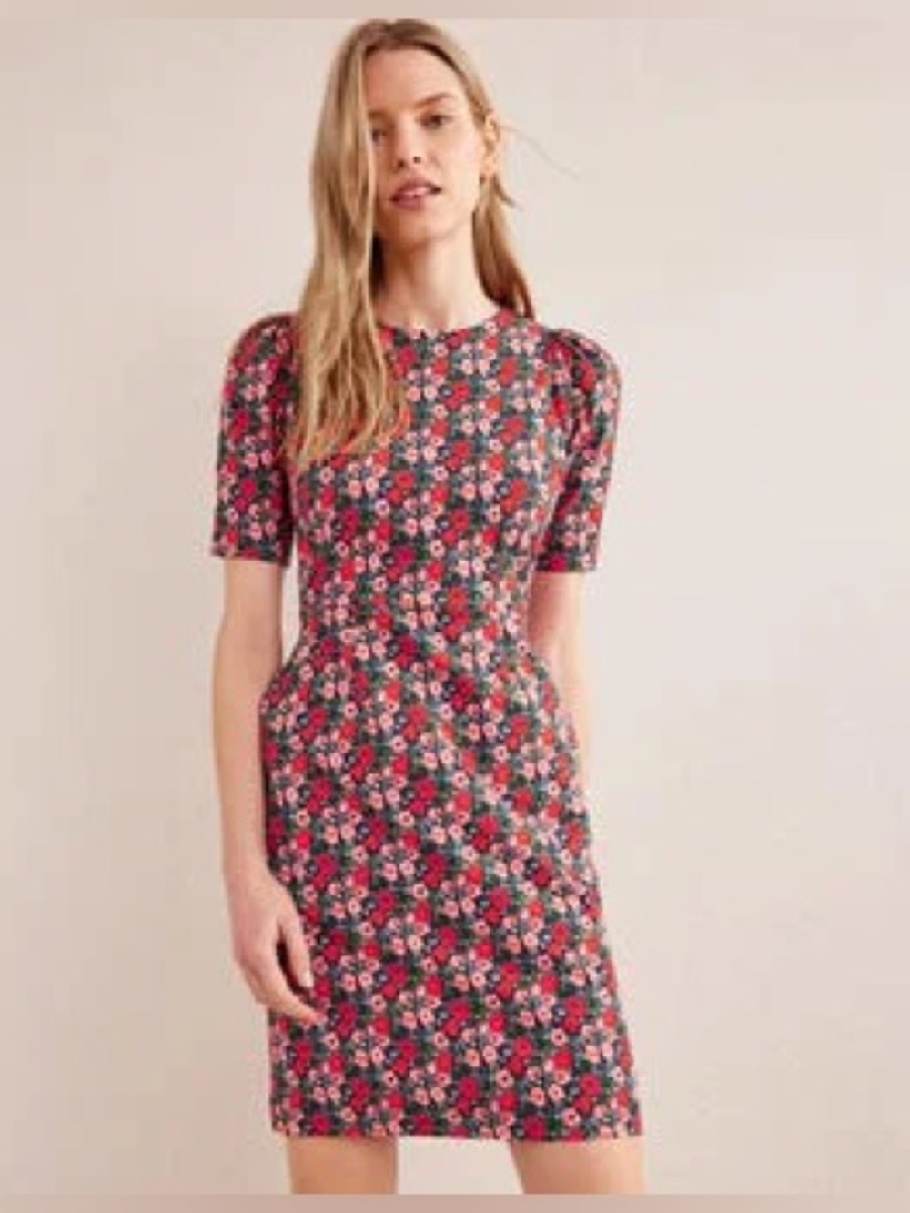 Boden Zoe Jersey Dress floral short puff sleeve midi dress